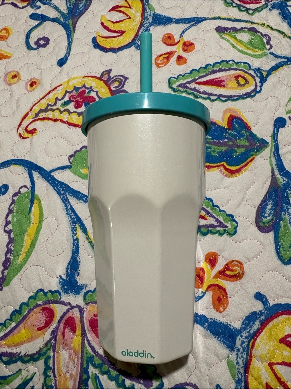 Aladdin Cream Travel Tumbler with Teal Lid and Straw